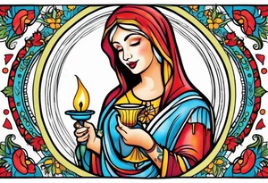 virgin maria holds 1 candle in her hand, tattoo should be full color tattoo idea