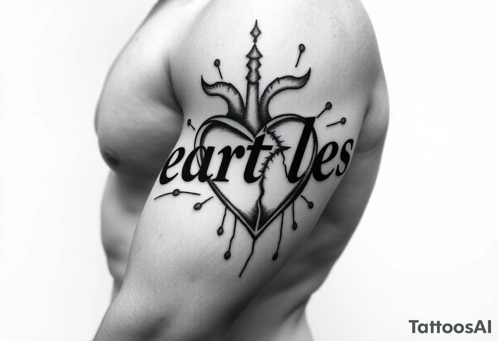 Heartless words written in majuscule with broken real heart design tattoo idea