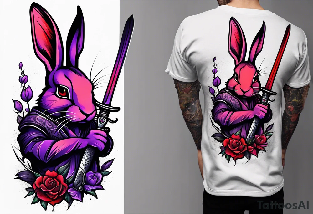 Black, red, and purple rabbit holding a sword tattoo idea