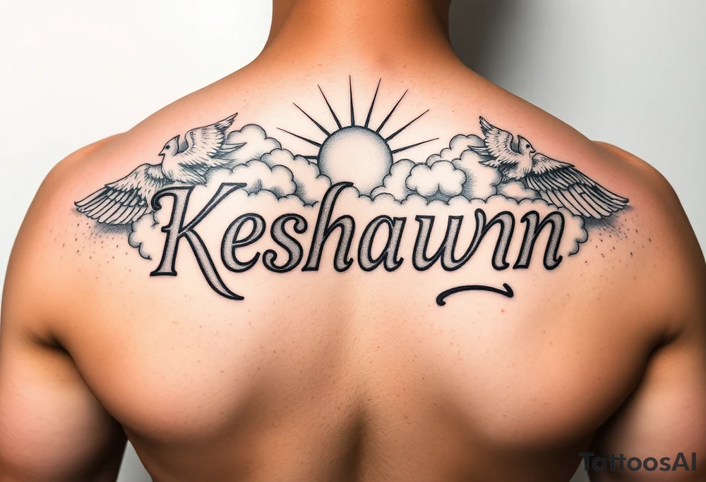 The name Keshawn with some clouds and sun rays beaming out of the clouds with angels around his name tattoo idea