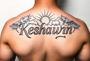 The name Keshawn with some clouds and sun rays beaming out of the clouds with angels around his name tattoo idea