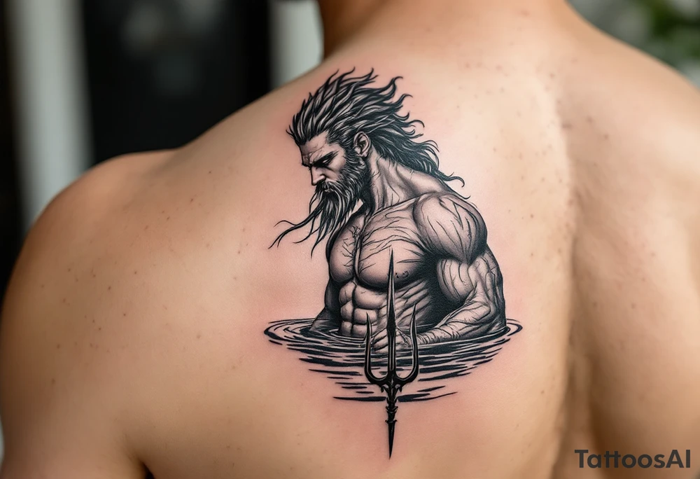 fit young poseidon, with trident, in calm water tattoo idea
