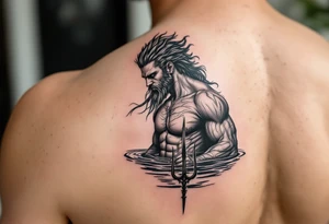 fit young poseidon, with trident, in calm water tattoo idea