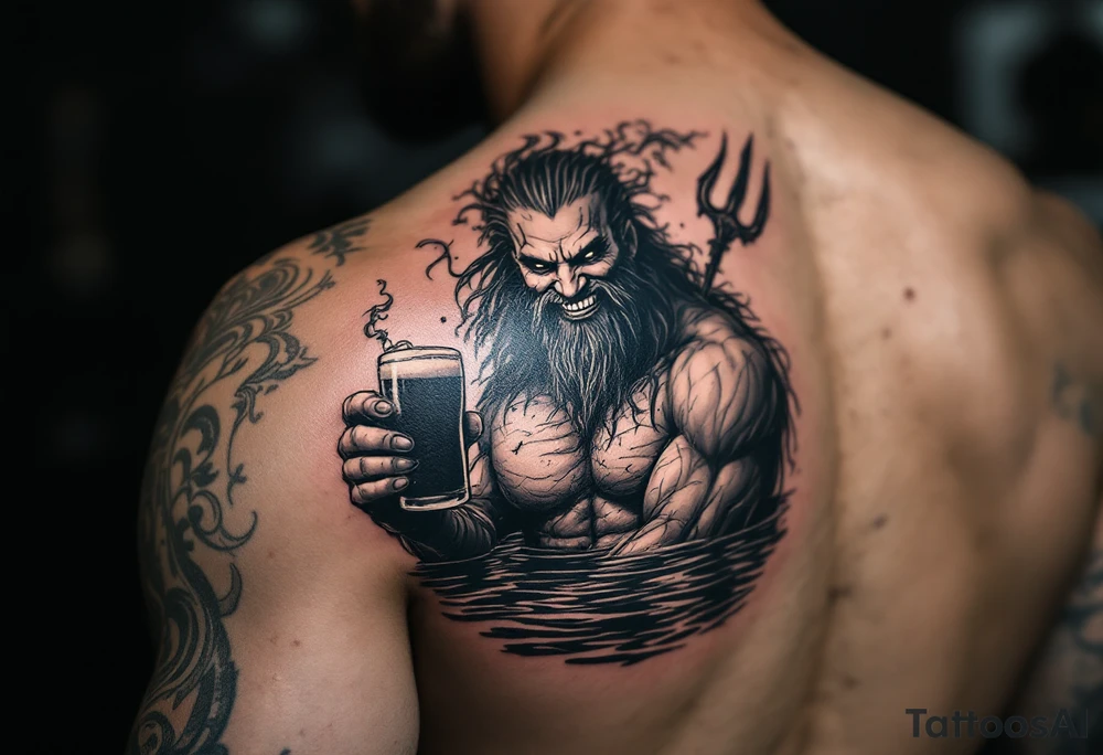 smiling poseidon, with a trident, in calm water, holding a beer tattoo idea