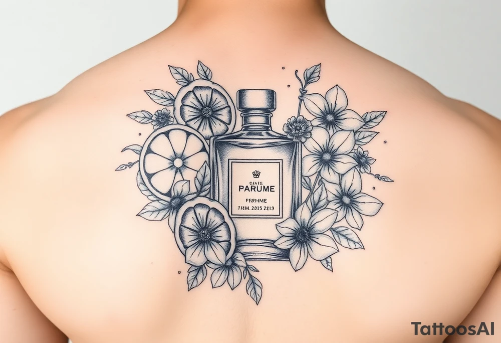 Modern perfume bottle surrounded by sliced citruses, woods, water and violet flowers tattoo idea