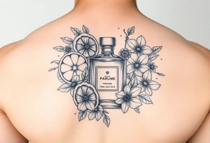 Modern perfume bottle surrounded by sliced citruses, woods, water and violet flowers tattoo idea