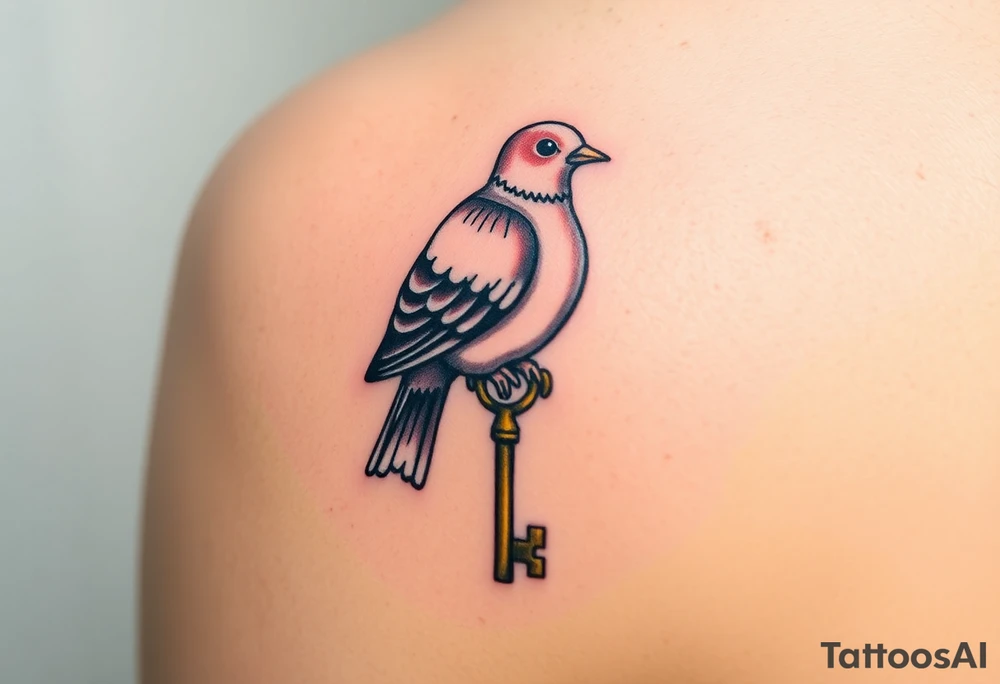 A collared dove perched on a vintage key, with the dove in soft browns and whites, and the key in antique gold, symbolizing love, protection, and freedom tattoo idea