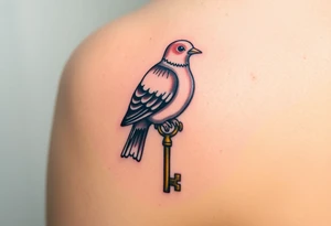 A collared dove perched on a vintage key, with the dove in soft browns and whites, and the key in antique gold, symbolizing love, protection, and freedom tattoo idea