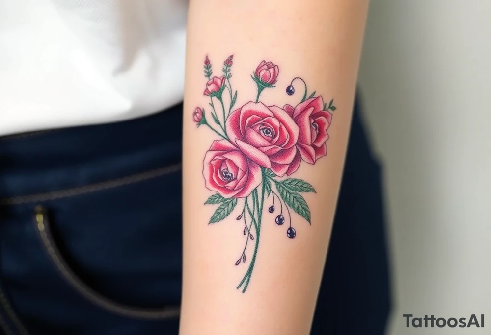 vintage bouquet of wild roses and meadow flowers with morning dew tattoo idea