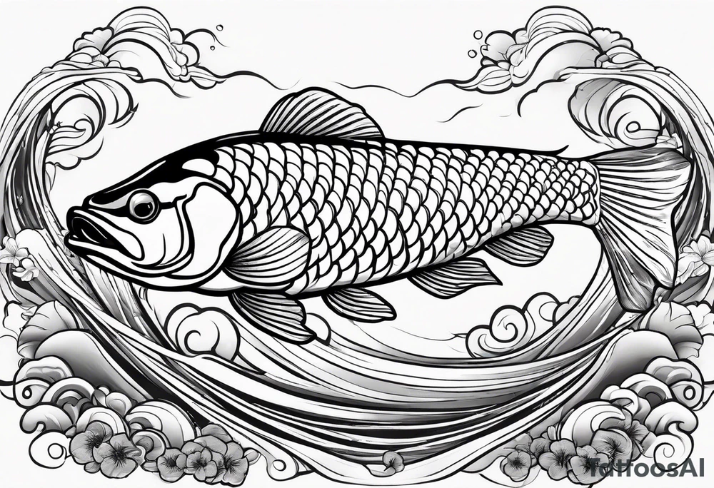 Arowana fish in waves with lotus tattoo idea