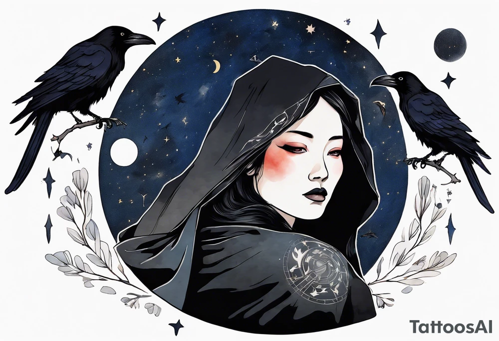 a beautiful 50-year-old Dakota woman wearing black cloak with ravens on her shoulders with the night sky in the background tattoo idea