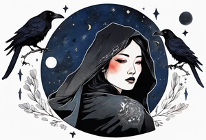 a beautiful 50-year-old Dakota woman wearing black cloak with ravens on her shoulders with the night sky in the background tattoo idea
