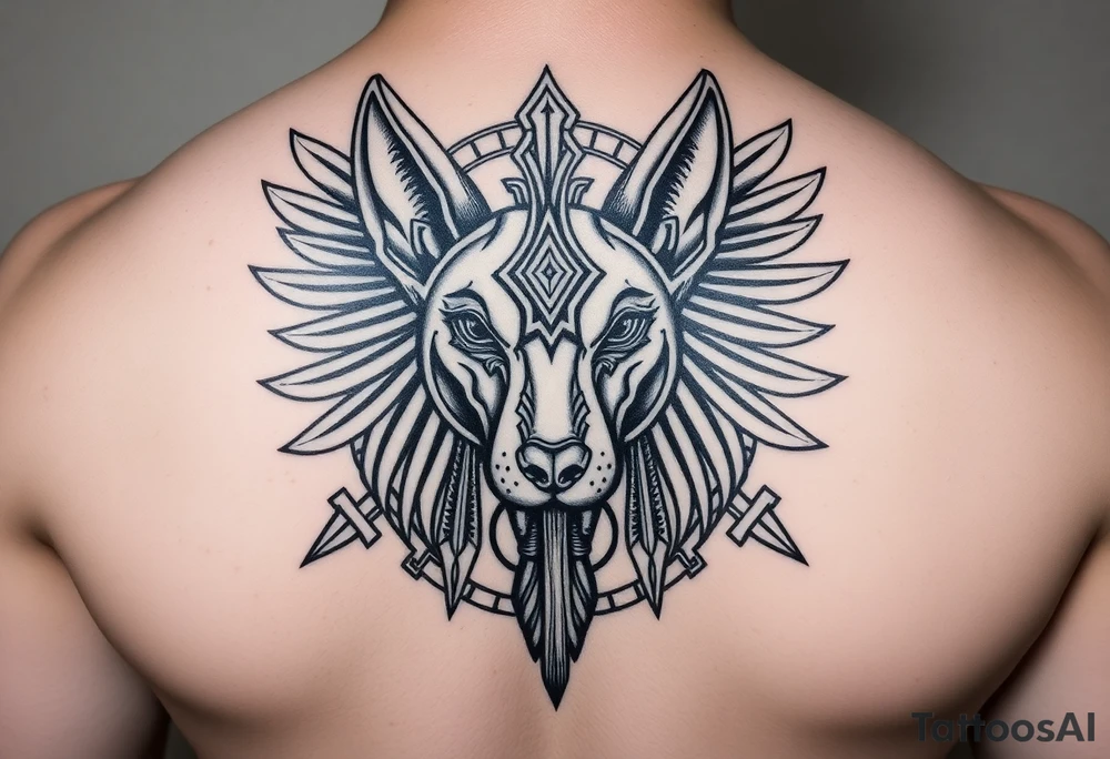 Egyptian Anubis god face muscle in Egypt style dog face surrounded Egyptian symbols tattoo idea