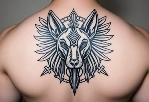 Egyptian Anubis god face muscle in Egypt style dog face surrounded Egyptian symbols tattoo idea