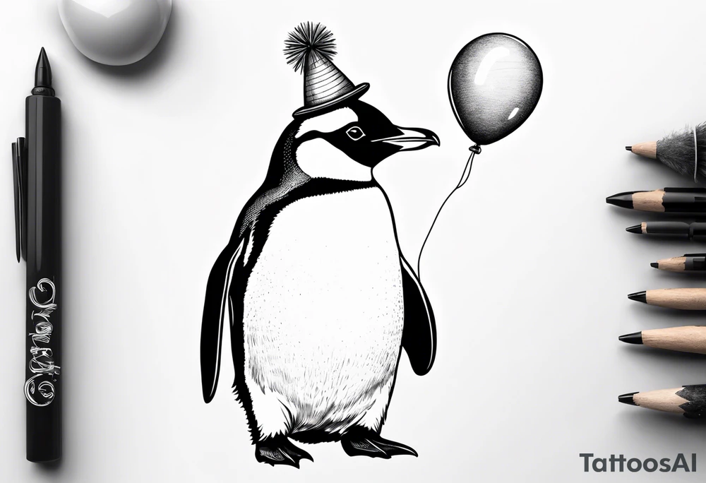 Realistic Penguin with a party hat and a ballon tattoo idea Realistic Penguin with a party hat and a ballon tattoo idea