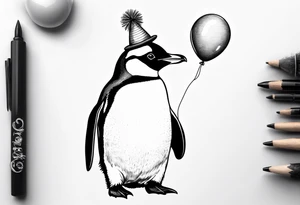 Realistic Penguin with a party hat and a ballon tattoo idea