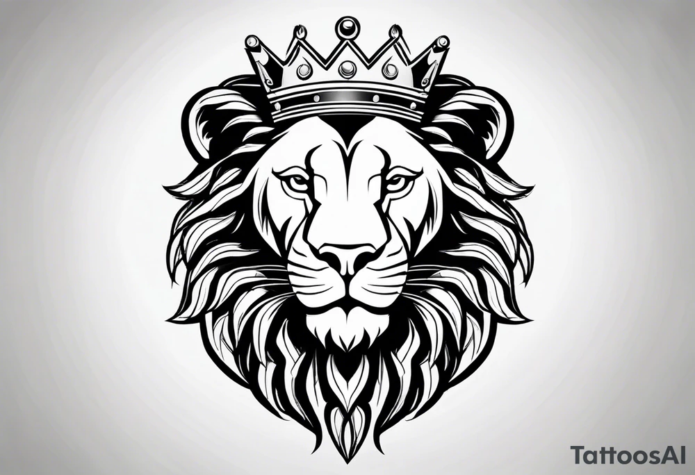 lion's face with a crown, two horizontal black stripes flanking the lion on either side, The overall style is bold and tribal-inspired, with clear, defined lines. tattoo idea