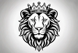 lion's face with a crown, two horizontal black stripes flanking the lion on either side, The overall style is bold and tribal-inspired, with clear, defined lines. tattoo idea