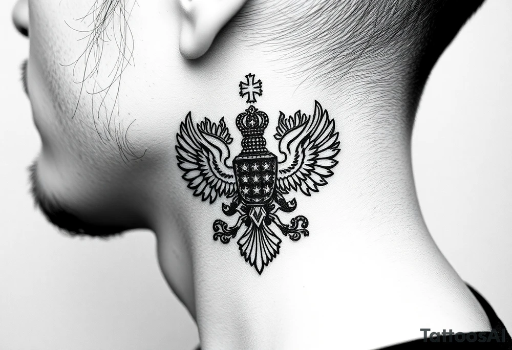 russian coat arms in a russian christian orthodox cross style virgin mary & orthodox dome church on the side of the neck tattoo idea