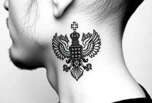 russian coat arms in a russian christian orthodox cross style virgin mary & orthodox dome church on the side of the neck tattoo idea