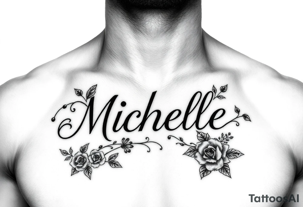 Create a tattoo on a man’s chest if a woman’s name Michelle. Place Ivy and small roses around the name tattoo idea