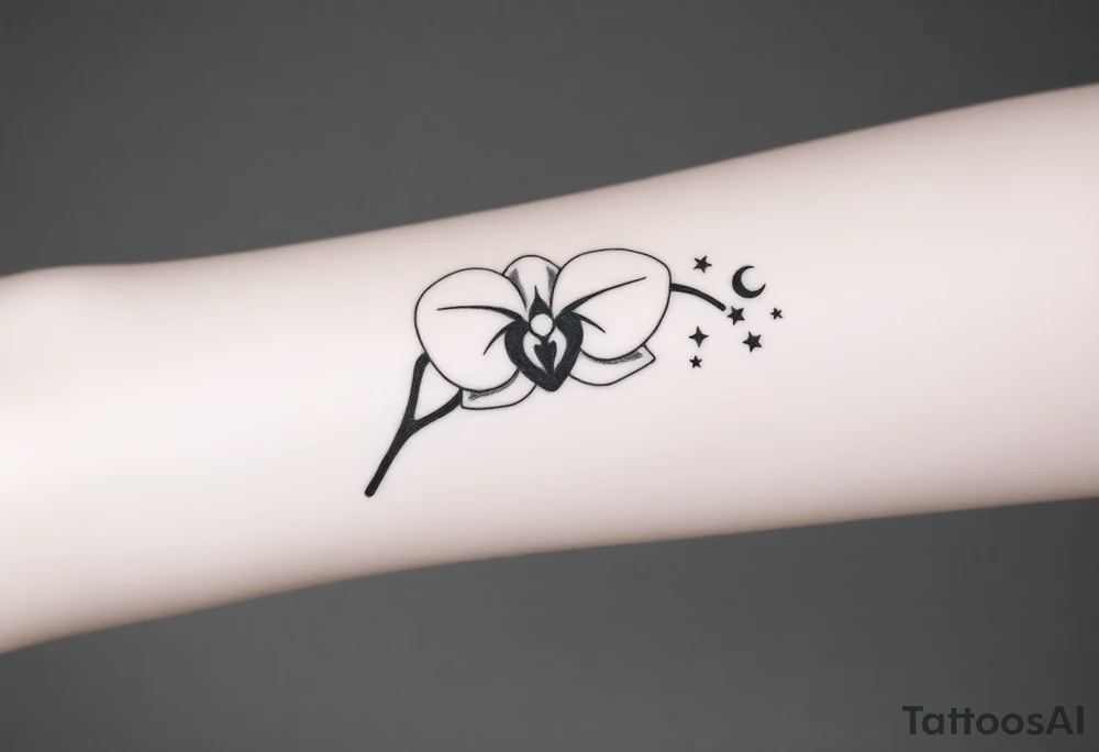 A silhouette of an orchid with tiny crescent moons and stars, symbolizing femininity and cosmic beauty tattoo idea