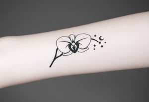 A silhouette of an orchid with tiny crescent moons and stars, symbolizing femininity and cosmic beauty tattoo idea