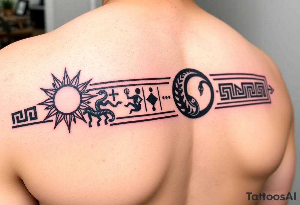 Black and red neo-tribal Greek meander tattoo band, forearm wrap-around design. Left: red tribal sun with spikes, abstract running figures. Right: black moon with dotwork, ouroboros snake. Symbols integrated into sharp geometric meander pattern. Clean line art, no background tattoo idea