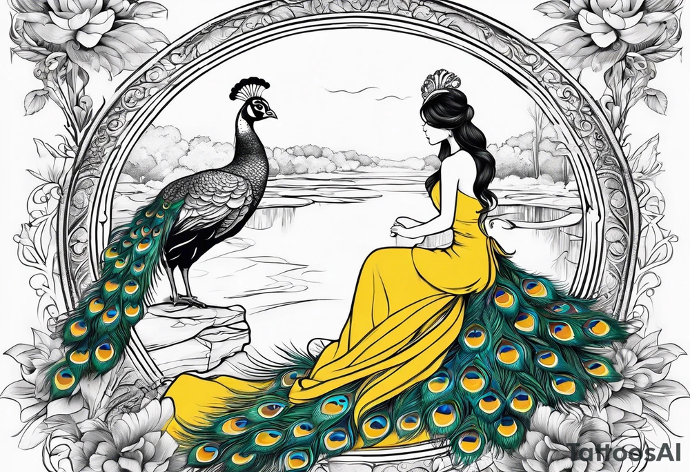 peacock along side a flowing  long river with a woman sitting at the end of it wearing a yellow dress and a handheld mirror in her hands tattoo idea
