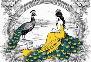 peacock along side a flowing  long river with a woman sitting at the end of it wearing a yellow dress and a handheld mirror in her hands tattoo idea