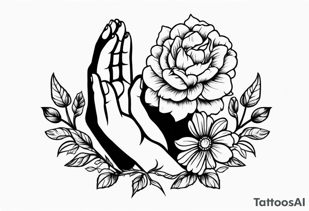 hands praying with flowers tattoo idea