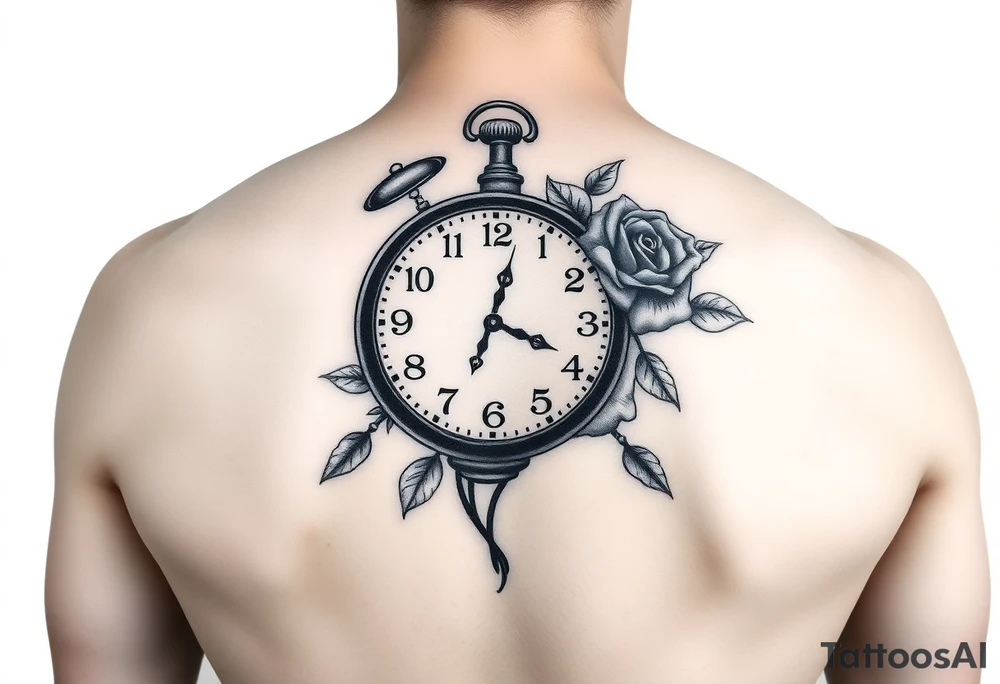 Clock showing 12:56 with rose stencil white background tattoo idea