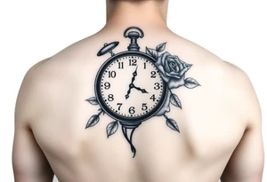 Clock showing 12:56 with rose stencil white background tattoo idea