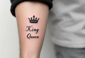 A minimalist black crown pair with the word "King" in bold script and "Queen" in elegant cursive, symbolizing unity in style. tattoo idea