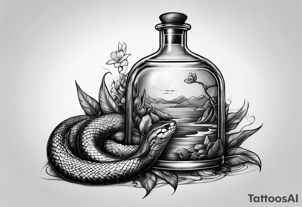 Snake in a bottle of oil tattoo idea