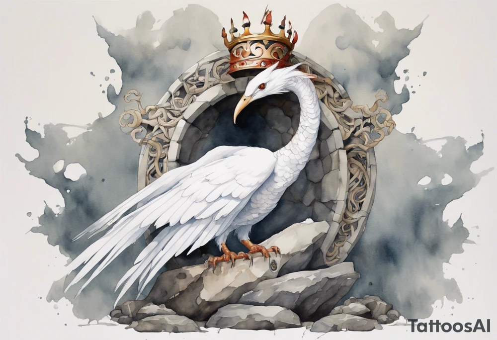 a watercolor of a white bird-serpent hybrid wearing an iron crown, perched upon a stone tattoo idea