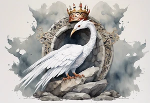 a watercolor of a white bird-serpent hybrid wearing an iron crown, perched upon a stone tattoo idea