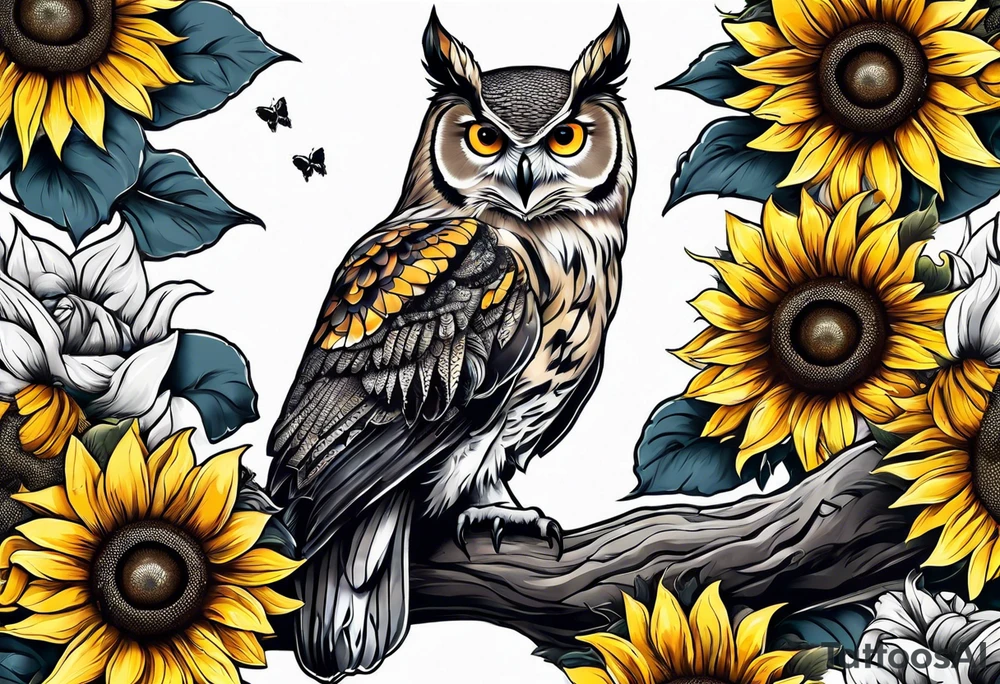 Arm sleeve with an owl surrounded by sunflowers with a butterfly on the sunflower tattoo idea