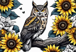 Arm sleeve with an owl surrounded by sunflowers with a butterfly on the sunflower tattoo idea