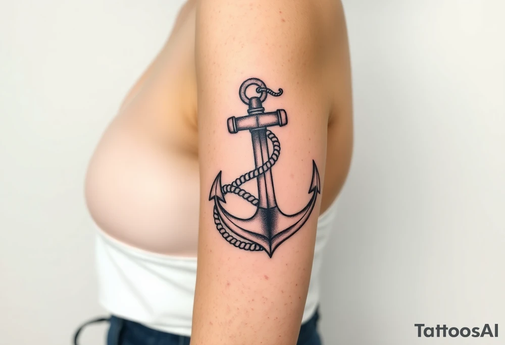 weathered anchor wrapped in nautical rope with sea waves tattoo idea