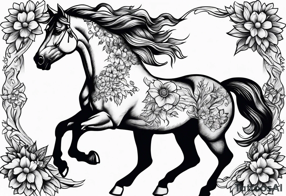 bucking horse, mountains, flowers tattoo idea