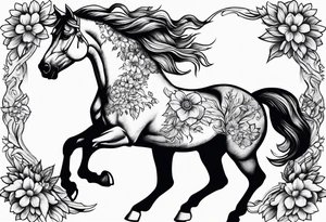 bucking horse, mountains, flowers tattoo idea