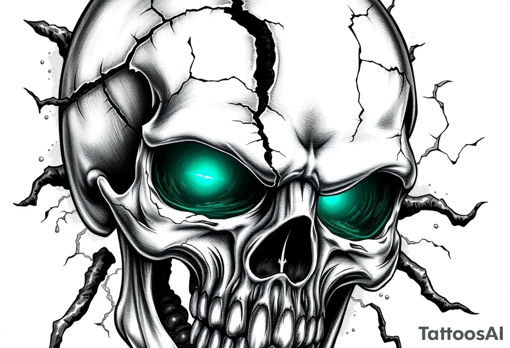 Close-up of a cracked skull with glowing emerald eyes, dark fantasy art. tattoo idea