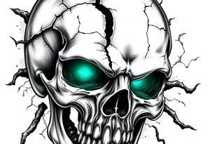 Close-up of a cracked skull with glowing emerald eyes, dark fantasy art. tattoo idea