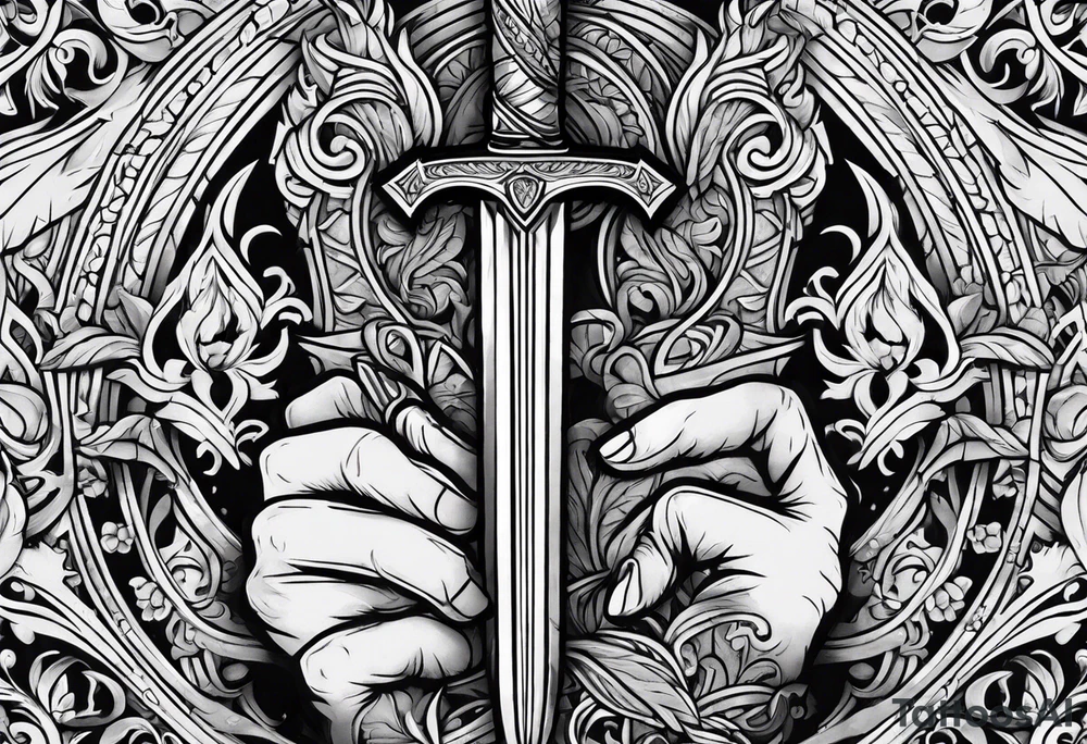 Hand holding dagger tattoo idea
