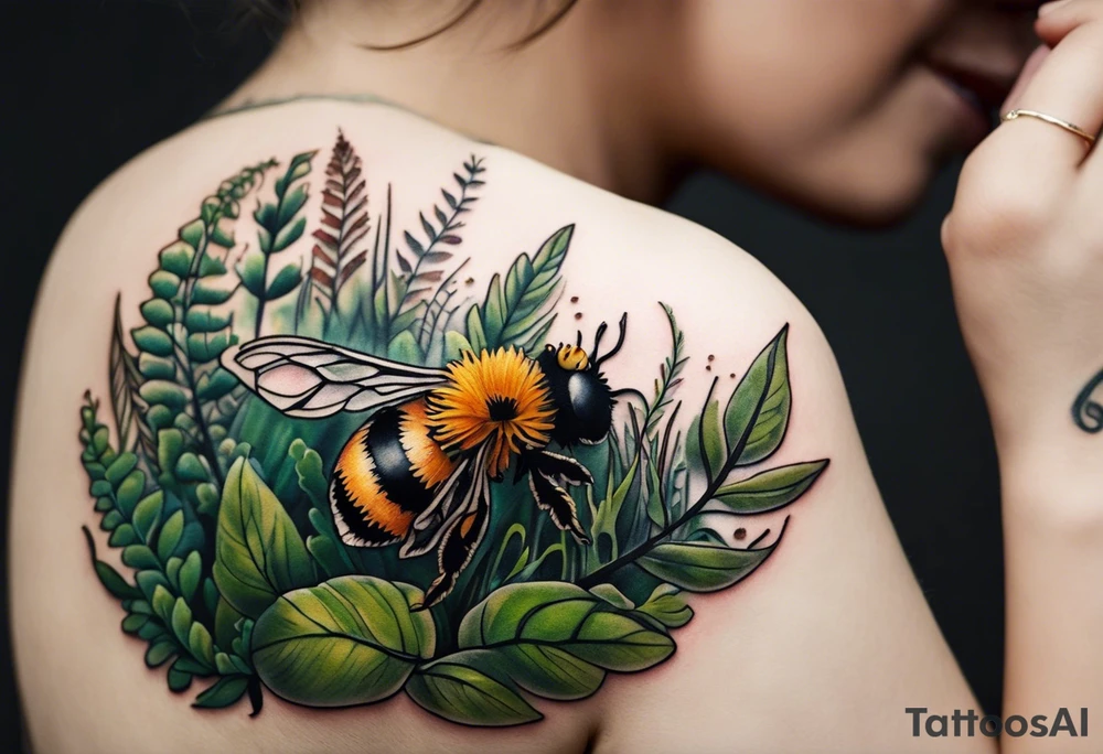 forest floor inspired minimalist tattoo, which includes grass, curly ferns, moss and dead leaves as the bulk of the tattoo. details to include: forest berries, a tiny bumblebee flying nearby, three small brown mushrooms
Generate a vertically long one tattoo idea