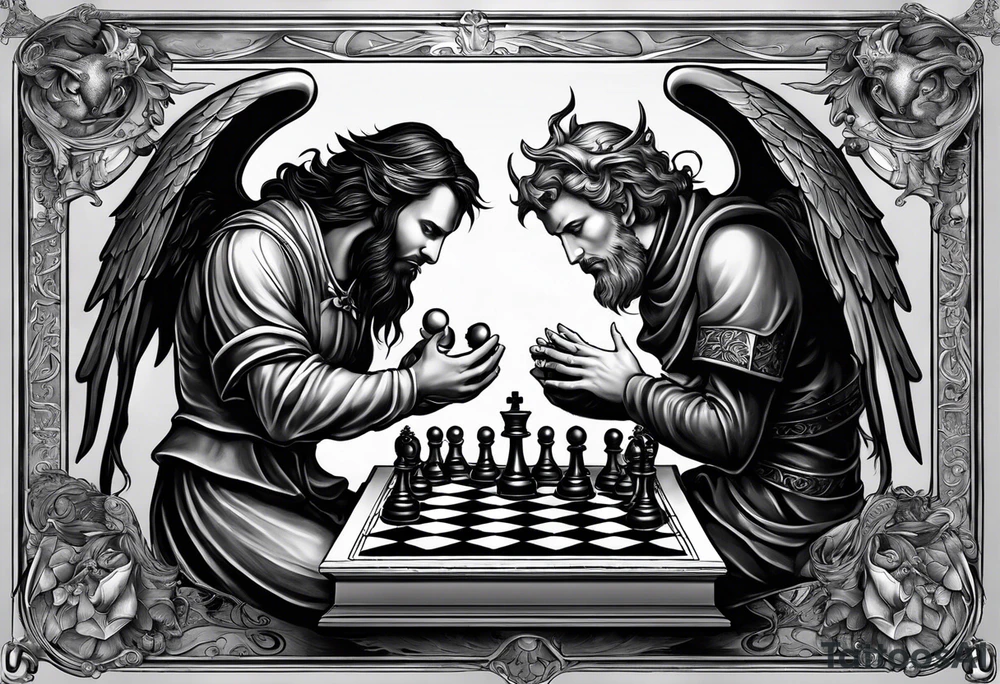 Depict an angel and devil engaged in a chess game, with the chessboard reflecting the cosmic battleground between good and evil, symbolizing the strategic nature of the eternal conflict. tattoo idea