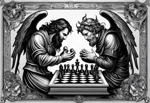 Depict an angel and devil engaged in a chess game, with the chessboard reflecting the cosmic battleground between good and evil, symbolizing the strategic nature of the eternal conflict. tattoo idea