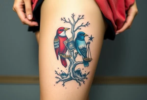 one of the birds red wearing a suit, other bird navy blue with glasses or holding a book, scales of justice built into a tree, starry night painting and mountain background tattoo idea