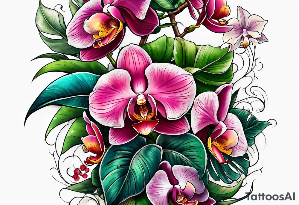Tropical plants and orchids full sleeve tattoo idea